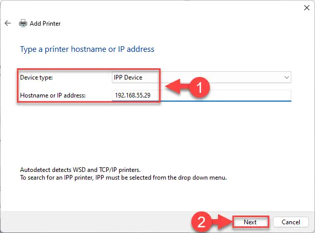 Enter the IP address of the printer