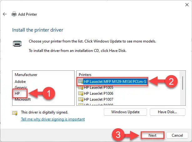 How To Add A Printer In Windows 11 (Automatic + Manual Methods) 9 Select printer brand and model