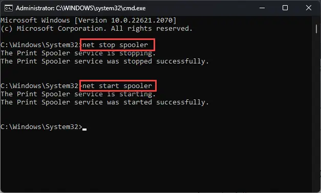 Restart the Print Spooler service from Command Prompt