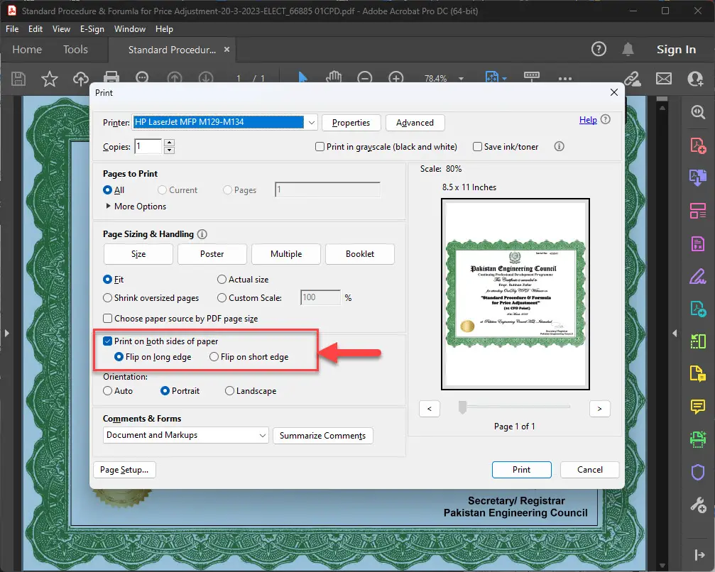 Select duplex printing preferences in Adobe ReaderAcrobat