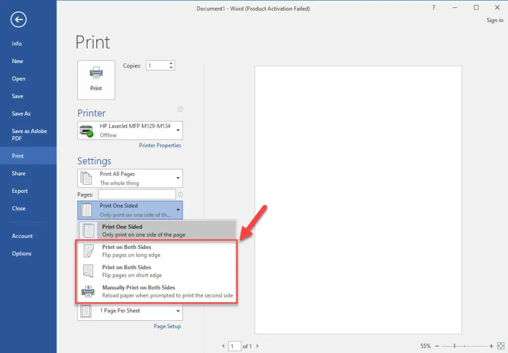Select duplex printing preferences in Microsoft Word