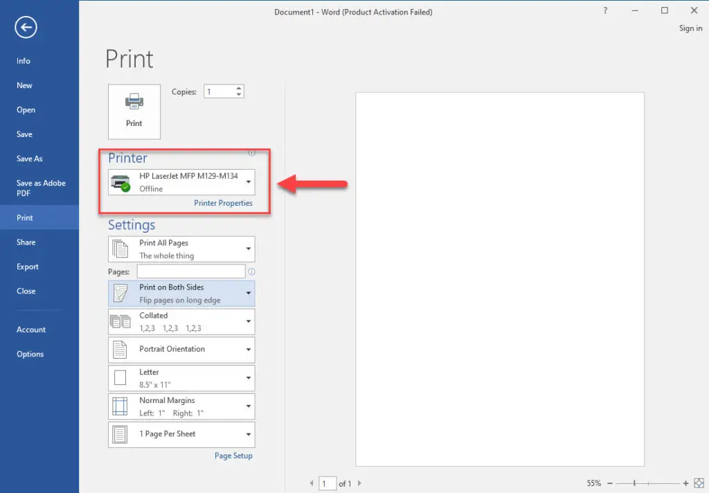 Select printer in Microsoft Word